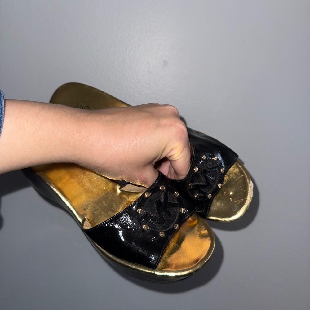 Michael Kors Black and Metallic Gold Wedges
